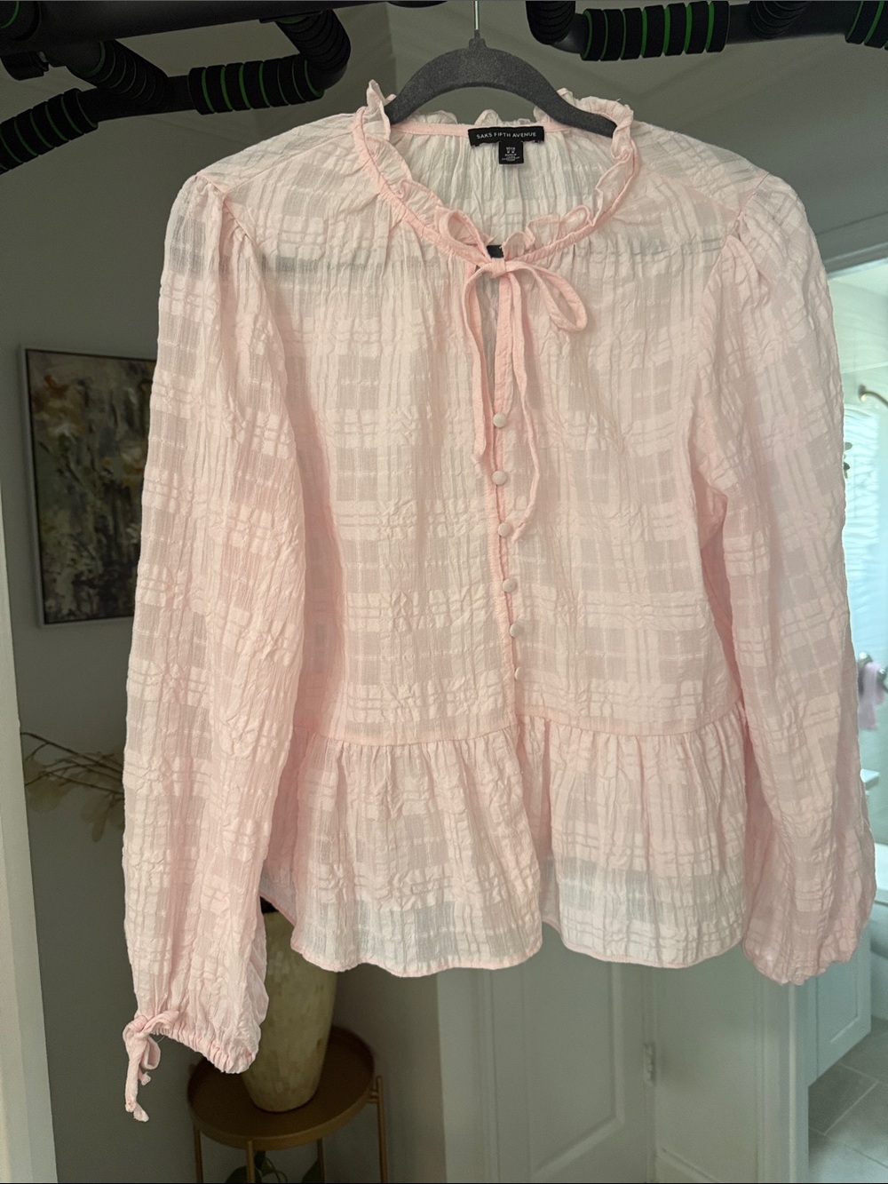 Saks Fifth Avenue Pale Pink Ruffle Tie-Neck Peplum Blouse